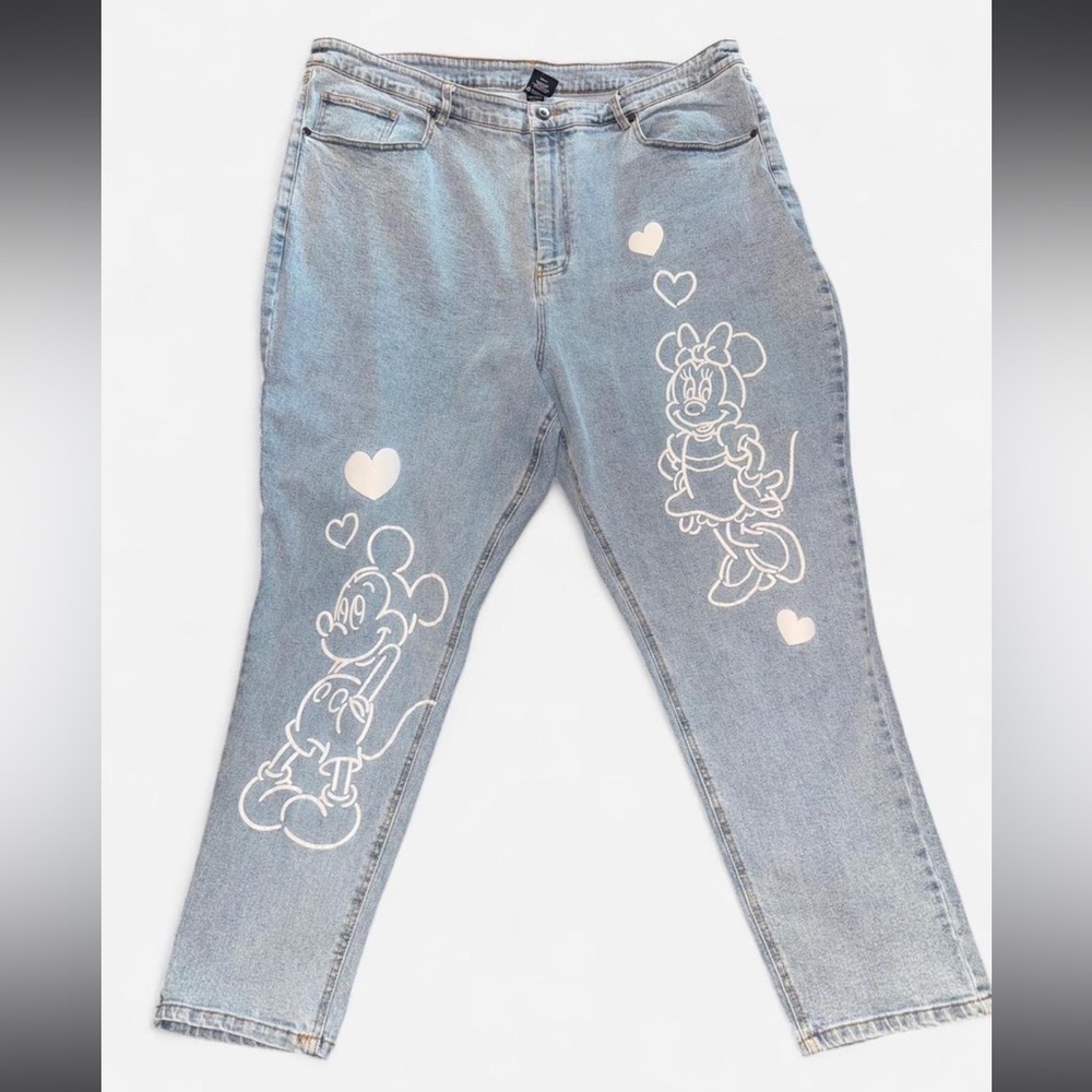 Plus Size Disney Light Blue Boyfriend Jeans with White Mickey & Minnie Line Art